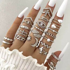 ✨ 23-Piece Silver Ring Set | Trendy Boho Coastal Jewelry ✨